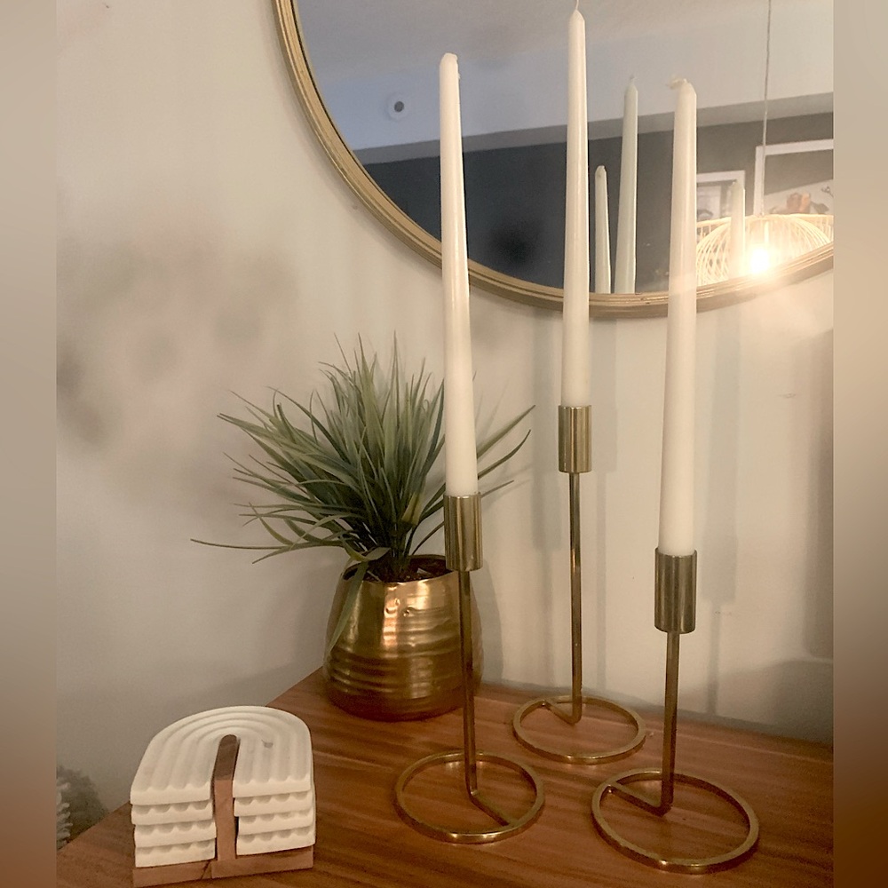 CB2 3 Piece Gold Candlestick set. With tapered candles included.